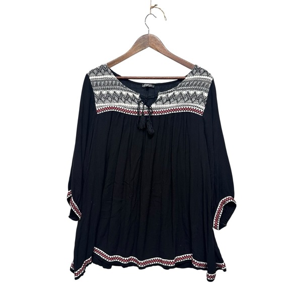 Womens Plus Size Top 2X Boho Hippie Embroidered Tunic Gauzy Flowy Peasant Black - Picture 1 of 8